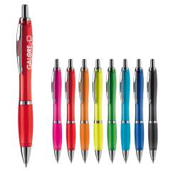 Transparante balpen met metalen clip, metal look drukknop, tussenring en penpunt. Blauwschrijvende Jumbo vulling. Vanaf 10.000 stuks andere schrijfkleur mogelijk.