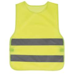 Yellow safety vest for kids with two reflecting strips and elastic bands on the sides. Made of firm but light polyester which makes the vest comfortable to wear. Complies with the European EN1150 standard.