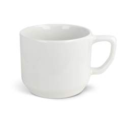 White mug made from porcelain. Clean style with a compact handle.