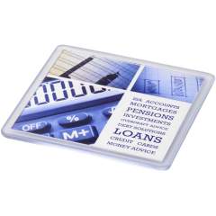 Two-part plastic coaster that carries a printed paper insert. Paper insert can be printed on both sides.