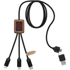 5-in-1 recycled PET light-up logo charging cable with squared bamboo casing. The light-up logo is visible on both sides. Features 3 connectors (type C, micro USB, iPhone) and a dual USB connector for universal use. Delivered in a TPU pouch with a kraft paper card. Cable length: 1 metre. Includes 3 year warranty.