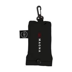 WoW! Folding shopping bag made from 190T RPET polyester: made from recycled PET bottles. With pouch with a press stud and carabiner. The bag is delivered unfolded with a separate pouch. Meas. unfolded 40 x 58 cm. GRS-certified. Total recycled material: 90%.