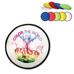 Frisbee en nylon, pliable dans une pochette. Impression standard sur le frisbee, mais possibilité d'impression également sur la pochette (impression par transfert). Dim. Pochette: 100x85 mm. A partir de 5.000 pièces nous pouvons imprimer en quadri....