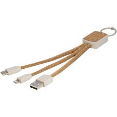 Sustainable 3-in-1 keychain charging cable made of cork and wheat straw (70% wheat straw + 30% TPE). The Bates cable features 1 type-C, 1 USB type-A and a 2-in-1 dual compatible tip for both Apple iOS and Android devices. To charge Apple devices put the cable with the side that has no pins in the device and to charge Android devices put the cable with the side that has pins in the device.