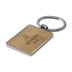 A rectangular, polished, metal keyring with bamboo wooden inlay and a sturdy keyring. Each item is supplied in an individual brown cardboard envelope.