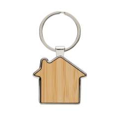 House shape keychain with made with RCS recycled zinc alloy and bamboo. Total recycled content: 76% based on total item weight. RCS certification ensures a completely certified supply chain of the recycled materials. Packed in paper bag.