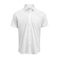 The Knit Interlock Oxford Short Sleeved Shirt. It has soft modern cut away hidden button down collar, side splits and  fold up sleeves. A comfortable knitted Easy Care-treated modern business classic with natural stretch performance and tone-in-tone details.