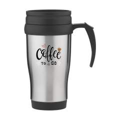 Dubbelwandige, RVS/kunststof thermosbeker met schroefdeksel en schuif-/klikopening. Niet vaatwasserbestendig. Inhoud 400 ml. Per stuk in kraft doos.