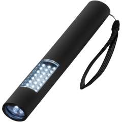 Lutz 28-LED magnetic torch light. Slim and magnetic torch which has three modes. The first mode is a 4 LED flashlight, the second mode is the 24 LED light, and the third mode is both on at once. Magnetic back for easy storage or for placement against metal surfaces when in use. Push button on/off. Nylon carrying strap. Packed in a STAC gift box. Batteries included and inserted. Exclusive design. ABS Plastic. 