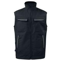 • ongevoerde vest in een easycare materiaal polyester/katoen<br />• goed kleurbehoud<br />• twee borstzakken<br />• D-ring voor badgehouder<br />• ritssluiting in de kraag met stormflap en kinbescherming<br />• voorzakken met ritssluitingen<br />• verlengd rugpand<br />• linker binnenzak voor mobiele telefoon, rechter binnenzak met velcrosluiting<br />• reflectiebiezen aan de voor- en achterzijde