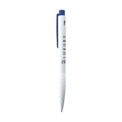Blue or black ink ballpoint pen with textured grip, coloured clip and push button.