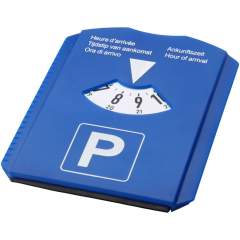 Ce disque de stationnement dispose d'un grattoir, d'une raclette, d'un jeton de caddie et d'un indicateur d'usure des pneumatiques. Le disque dispose d'une grande surface blanche pour un logo à l'arrière. Texte « Heure d'arrivée » sur le disque indiqué en néerlandais, anglais, français, allemand et italien. Les réglementations peuvent varier localement.