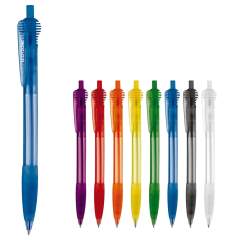 Schlanker Toppoint Kugelschreiber mit rundem Clipteil und Gummimanschette. Made in Germany. Ausgestattet mit einer X20-Mine, blauschreibend. Schreibleistung 2,5km Transparent. 