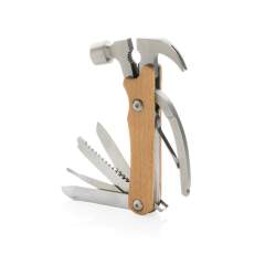 Marteau multi-outils en bois de hêtre FSC®100% et en acier inoxydable (420) de haute dureté et résistant à la corrosion, dureté Rockwell 42-52. 10 fonctions : pince, griffe à clous, marteau, coupe-fil, lime, tournevis plat, décapsuleur, tournevis cruciforme, scie, couteau. Le couteau est compatible avec les aliments et peut donc être utilisé pour la nourriture. Emballé dans une boîte kraft FSC® mix.<br /><br />PVC free: true
