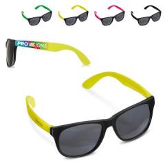 Moderne Sonnenbrille mit farbigen Bügeln und einem UV400-Filter. Hervorragende Wahl für ein günstiges Werbegeschenk! Druck auf einem oder beiden Bügeln möglich.