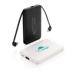 Compact and flat 5.000 mAh powerbank made out of ABS that is easy to take with you wherever you go. With the 3 in 1 integrated TPE cables the powerbank is compatible with all mobile devices in the market and directly ready for use. When fully charged...