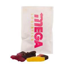 White paper bag filled with approx. 50 grams of Car Licorice and printed on both sides in full colour