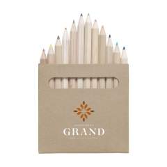 12 wooden, unpainted, crafty coloured pencils in a recycled cardboard box.
