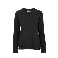 Sweater met ronde hals en decoratieve flatlock naden aan de schouders en armopening. Kruis in flatlock onder de kraag en ribboord aan de hals, manchetten en de zoom onderaan. Dames-model.