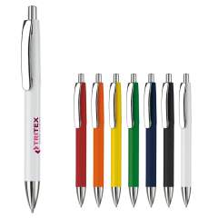 Kunststof hardcolour balpen met blauwschrijvende Jumbo vulling, metalen clip en gemetalliseerd onderstuk en drukker.