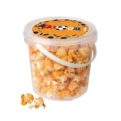 Transparent bucket filled ca. 60 gr sweet popcorn or 36 gr salty popcorn and provided with a full color sticker on the lid.