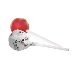 Ronde lolly van ca. 13 gram, met kersen smaak, in witte folie, voorzien van een all-over bedrukking. Keuze uit diverse fruitsmaken.