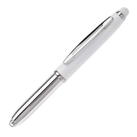 Touchscreen pen with a LED light and ball pen.The ball pen can be used by removing the cap. Standard: blue writing ink.