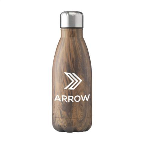 Double-walled, vaccum-insulated, stainless steel water bottle/thermo bottle. With leak-proof screw cap. This elegant model has a striking, attractive top layer. Suitable for maintaining the temperature of cold or hot drinks. Capacity 350 ml. Each item is individually boxed.