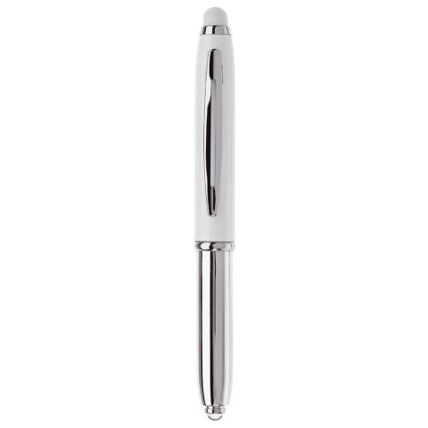 Touchscreen pen with a LED light and ball pen.The ball pen can be used by removing the cap. Standard: blue writing ink.