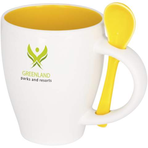 Trendy design ceramic mug with integrated spoon holder in the handle. Mug has coloured inner with matching colour spoon. Dishwasher safe in accordance with EN12875-1 (at least 125 washing cycles) for all decoration methods. Volume capacity is 250ml. Presented in a white carton box.