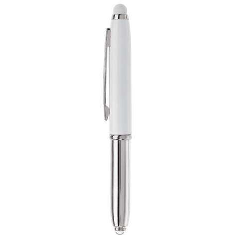 Touchscreen pen with a LED light and ball pen.The ball pen can be used by removing the cap. Standard: blue writing ink.