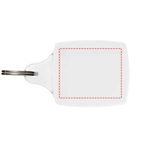 Doorzichtige A5 sleutelhanger met metalen sleutelring. Er past een papieren inzetstuk of pasfoto in. Afmetingen van het te bedrukken inzetstuk: 4,5 cm x 3,5 cm.