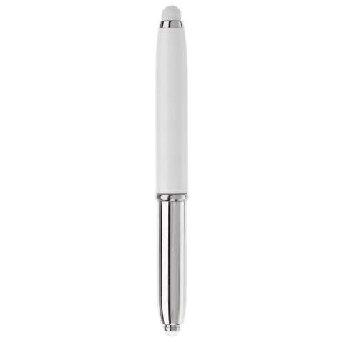 Touchscreen pen with a LED light and ball pen.The ball pen can be used by removing the cap. Standard: blue writing ink.