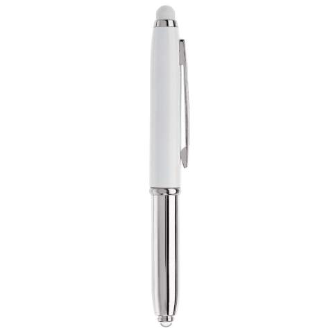 Touchscreen pen with a LED light and ball pen.The ball pen can be used by removing the cap. Standard: blue writing ink.