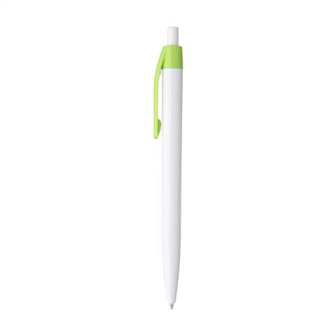 Blauschreibender Kugelschreiber mit weißem Halter aus einem Stück. Sehr gut geeignet für einen großzügigen Aufdruck. Auffälliges Detail: der farbige Clip.