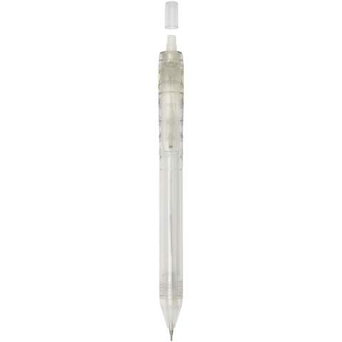 Ballpoint pen with click action mechanism with a transparent barrel. The barrel is made of recycled water bottles, which contributes to decreasing the amount of plastic waste.