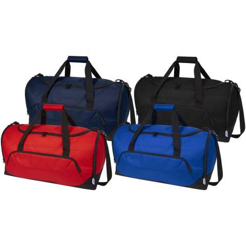 Durable duffel bag made out of 100% recycled, post-consumer plastic which contributes to the reduction of plastic waste. Features large main compartment and front zipper pocket, padded shoulder strap, and padded handles. Approximately 27 bottles are recycled to make this bag.