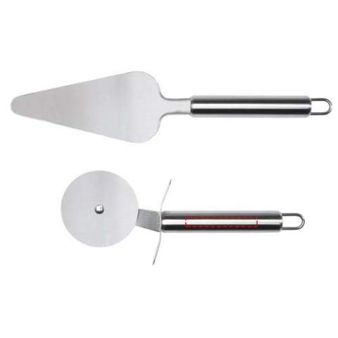 Pizza set featuring a pizza cutter and pizza spatula, also suitable for slicing and serving pies, waffles, and dough cookies, making it the perfect kitchen accessory. The spatula has a triangular cone shape with a large anti-slip surface. For safe handling the cutter has a built-in finger guard to protect hands from injury. Both tools are equipped with ergonomic handles for a comfortable grip, and at the bottom of the handles there is a hole making it easy to hang the tools on the wall to save space in the kitchen drawers.
