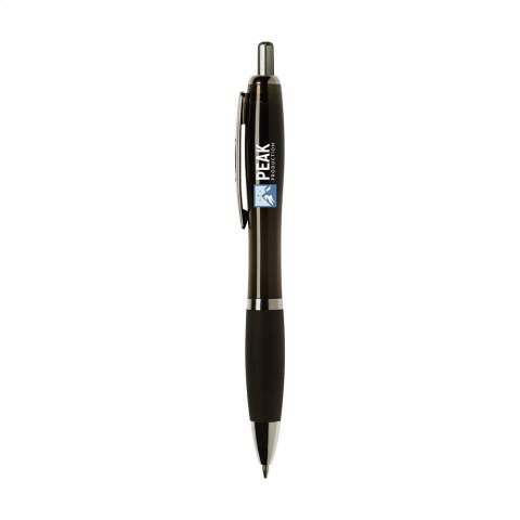 Stylo à encre bleue ou noire avec corps coloré translucide, embout antidérapant et clip en métal.