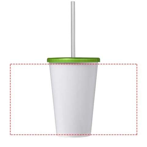 Double-wall insulated tumbler. The outer layer of the tumbler is made from recycled plastic. Tumbler features a full colour wraparound design moulded to the product, making it long-lasting and durable. Supplied with a PE straw. Volume capacity is 350 ml. Made in the UK. Packed in a home-compostable bag. BPA-free.
