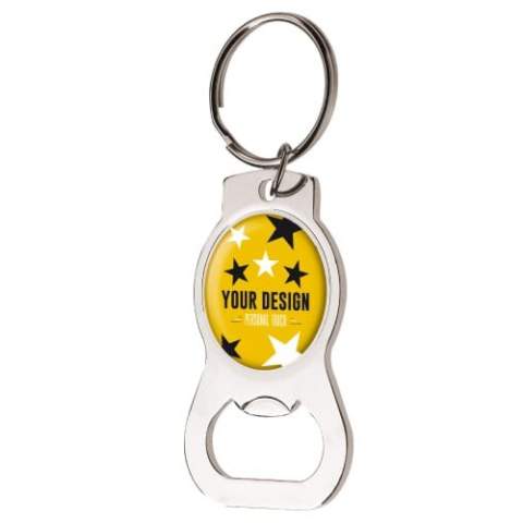 Metal keyring with round doming and bottle opener.