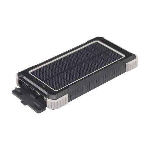 Sturdy outdoor solar 10,000 mAh powerbank with a casing made from recycled ABS with protective silicone bumpers on the corners. Equipped with a solar panel, LED indicator lights, LED torch and foldable hanging eye. Splash-proof and dust-resistant. Suitable for charging most common smartphones, and other devices. Input: Type-C1 DC5V/2.1A. Output: DC 5V 2A. 2 x USB-A port and 2 x USB-C port. Input solar: 100 MAh. Charging time on solar approx. 50 hours. The ideal charger for outdoor activities. Includes USB-C/USB-C charging cable and user manual. RCS-certified. Total recycled material: 20%. Each item is individually boxed.