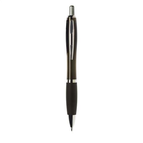 Stylo à encre bleue ou noire avec corps coloré translucide, embout antidérapant et clip en métal.