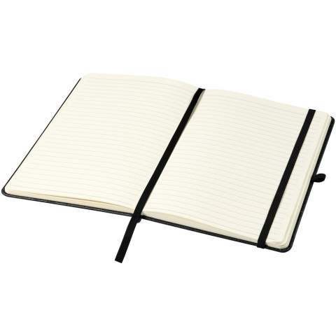 Cahier de référence format A5 avec couverture en chutes de cuir. Comprend une bande élastique, une boucle pour stylo, un marqueur à ruban et 80 feuilles de papier lignées de 80 g/m².