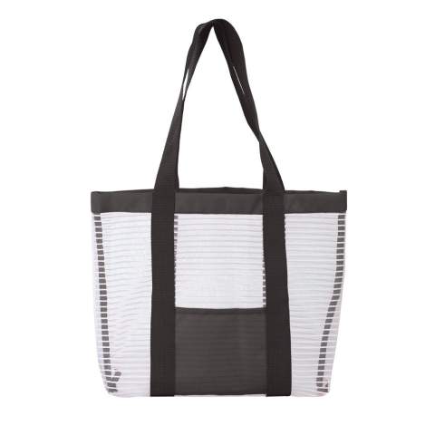 Schöne Strandtasche in verschiedenen Farbkombinationen. Durch die offene Struktur des Netzmaterials können Sand und Wasser leicht entweichen. Auf der Vorderseite, zwischen den Griffen, befindet sich eine kleine Tasche.