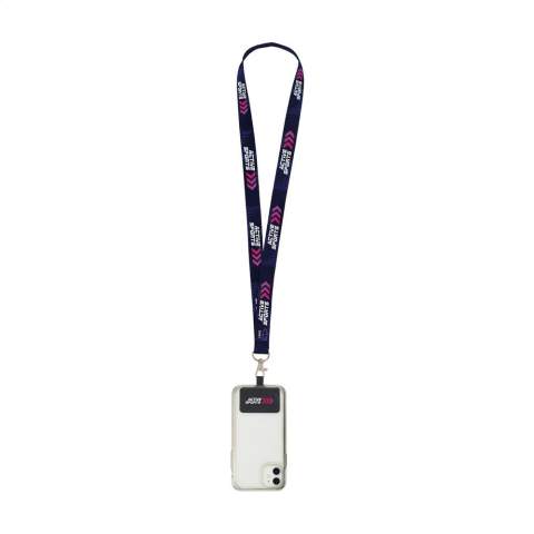 Lanyard van sterk geweven RPET polyester (gemaakt van gerecyclede PET-flessen) met metalen karabijnhaak en een universele patch.   De patch maakt het mogelijk om je smartphone aan je keycord te bevestigen. Met deze combinatie draag je jouw smartphone veilig om je nek. Zo heb je jouw telefoon snel bij de hand en houd je jouw kledingzakken en handen vrij. De patch is compatible met de meeste smartphone- en casecombinaties echter niet bij hoesjes met een open onderzijde. Het systeem is zo ontworpen dat de oplaadpoort van je telefoon niet wordt geblokkeerd, zelfs als deze aan de lanyard is bevestigd.   Inclusief full colour sublimatiedruk op de lanyard. Made in Europe.