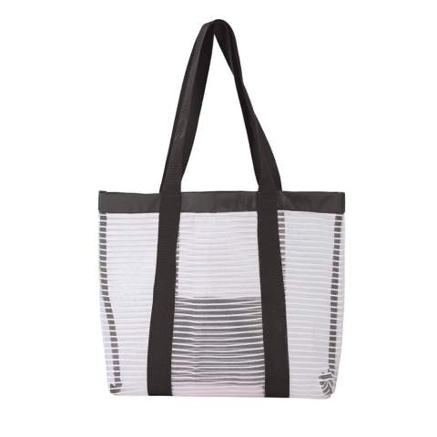 Schöne Strandtasche in verschiedenen Farbkombinationen. Durch die offene Struktur des Netzmaterials können Sand und Wasser leicht entweichen. Auf der Vorderseite, zwischen den Griffen, befindet sich eine kleine Tasche.
