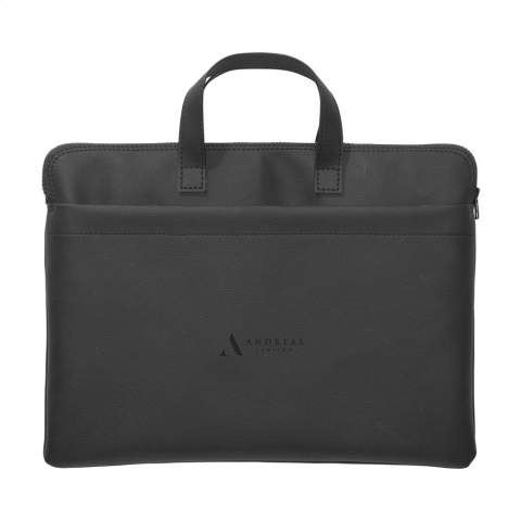 With a luxurious, design, this 15-16-inch laptop bag from the MADE out of brand, made from vegan leather. The vegan leather is a plant-based alternative to leather and made from recycled apple pulp. It has the look and feel of real leather. The waste from the apples is processed and then combined with a mix of PU, polyester and cotton. This laptop bag has a YKK zipper, 2 handles and a front pocket. The spacious main compartment is neatly finished with a 100% recycled PET lining, and offers enough space for a charger, documents and a notepad. Suitable for storing and safely transporting a laptop up to 16-inches. Keep everything in one place, even when you are on the go. This top product is handmade. Dutch design. Made in Holland.