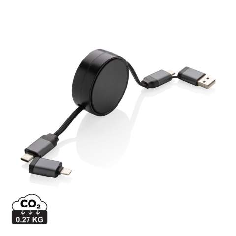 Câble de charge et de données rétractable fabriqué avec de l'aluminium recyclé certifié RCS (Recycled Claim Standard), du TPE recyclé et du pet recyclé. Contenu recyclé total : 68 % sur la base du poids total de l'article. La certification RCS garantit une chaîne d'approvisionnement entièrement certifiée pour les matériaux recyclés. L'aluminium ne perd pas ses caractéristiques au cours du processus de recyclage et peut être recyclé à l'infini. Avec un double connecteur d'entrée : USB A et type-C. Triple sortie : Apple Lightning/Micro et Type C, offrant au total 6 options de charge. Avec des câbles en PET recyclé tressé certifiés RCS d'une longueur de 100 cm lorsqu'ils sont complètement déployés. Emballé dans un emballage FSC® mix. Convient pour la charge, la synchronisation et est compatible avec la lecture en voiture  (type C à type C uniquement). Prend en charge la charge rapide jusqu'à 45 W.<br /><br />PVC free: true