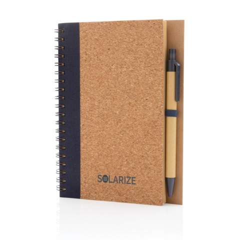 Keep track of your thoughts, notes, plans, to-do's and more with this cork spiral notebook with pen. The notebook features lined 70 gr cream coloured recycled paper with 70 sheets / 140 pages. The notebook has a colour matching kraft barrel pen. The writing length of the pen is 600m with blue German Dokumental ink.
